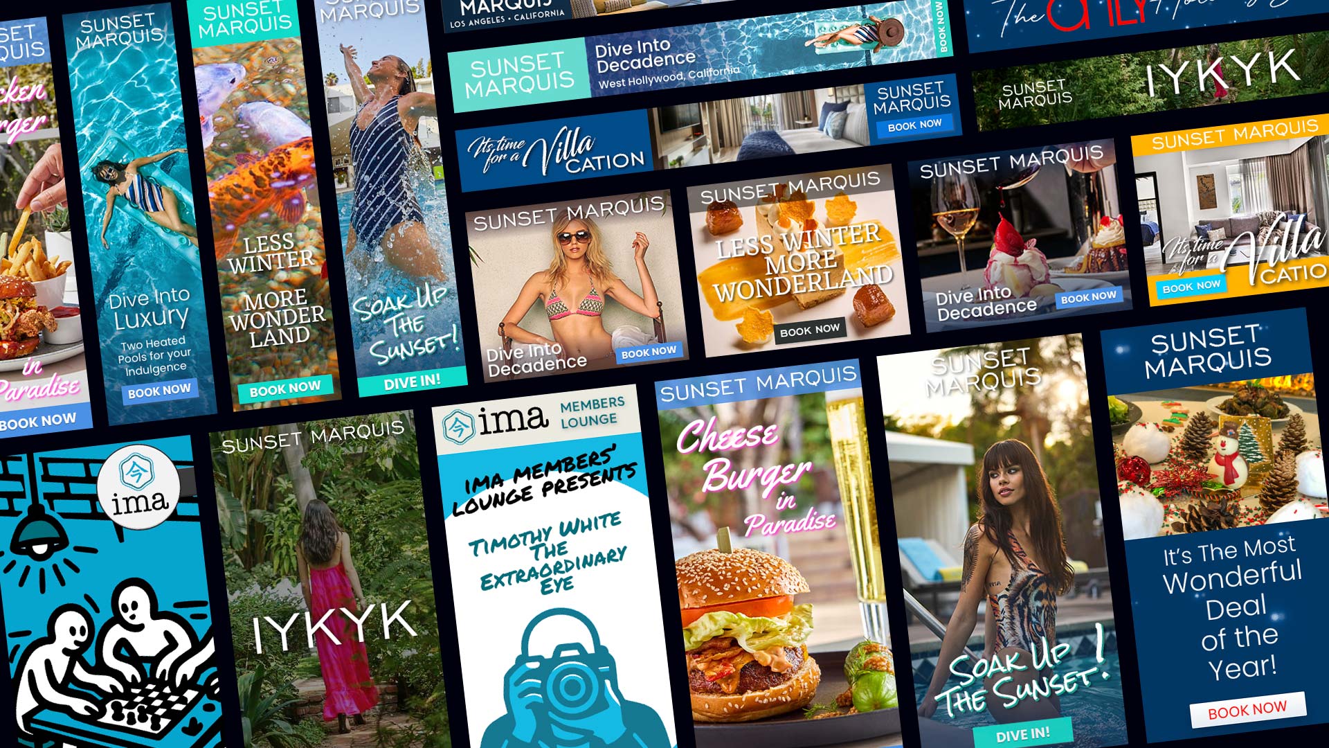 A selection of Agency689-designed Sunset Marquis display advertising creative.