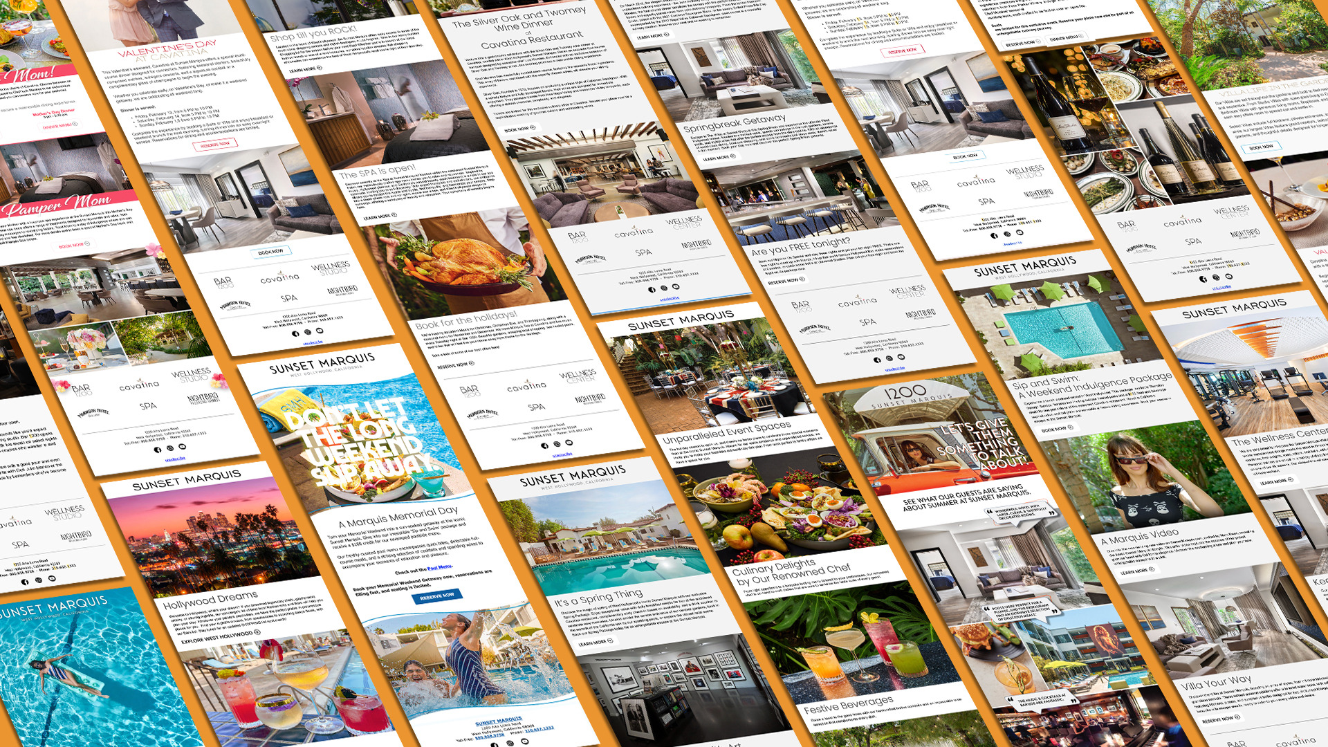 A selection of Agency689-designed Sunset Marquis marketing emails.